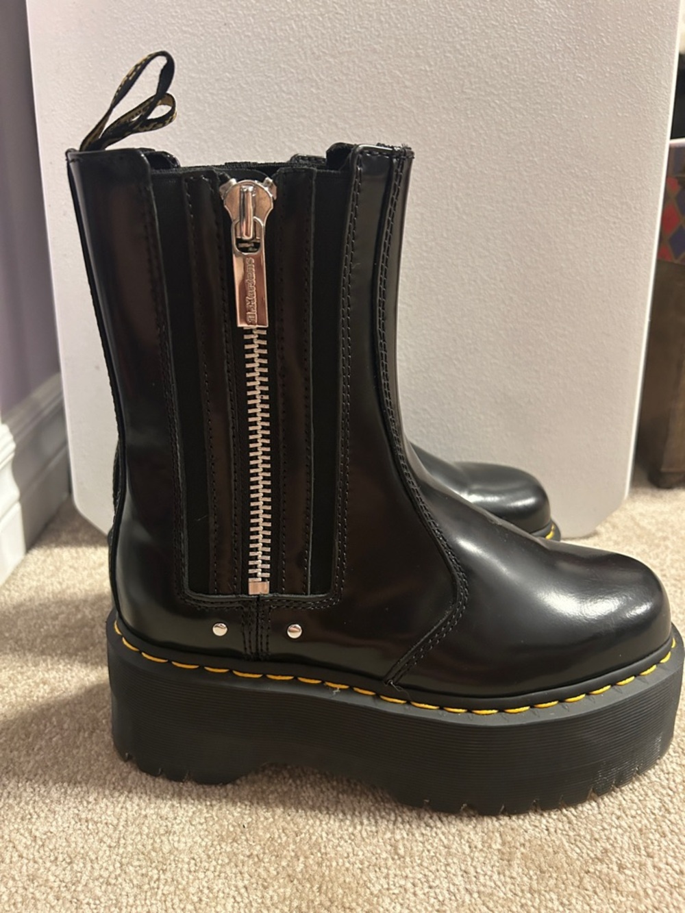 Dr. Martens Black Patent Platform Chelsea Boots with Side Zip